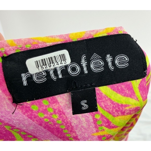 Retrofête Pink Lime Green Tropical Palm Print Cowl Neck Silk Mini Dress Small - Picture 5 of 9